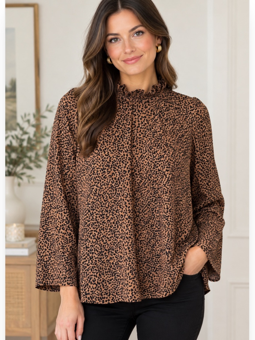 Tuckernuck Brown Leopard Print Ruffle Neck Blouse Tie Back Maximalist Size XL